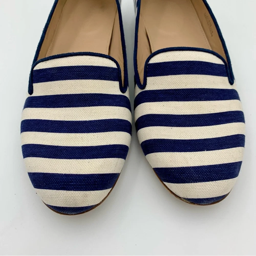 J Crew Cleo Loafers Flats Navy White Stripe Women Sz‎ 6.5 Preppy Nautical Shoes